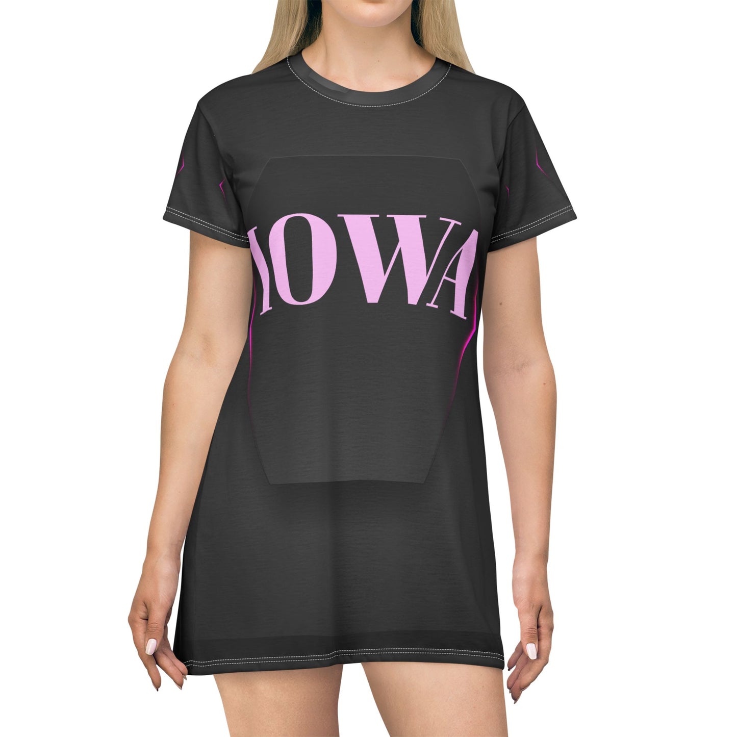 Iowa Pink Logo T‑Shirt Dress — Black All‑Over Print Casual Tee Dress for Women