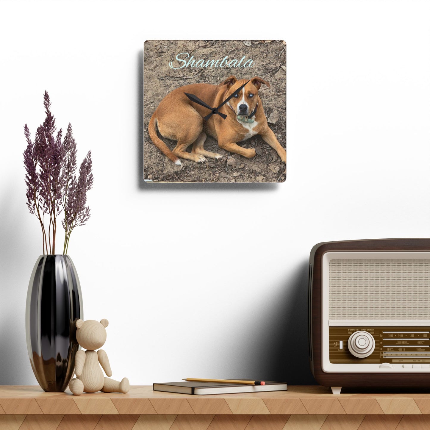 Personalized Dog Photo Acrylic Wall Clock — Custom Name (e.g., Shambala)