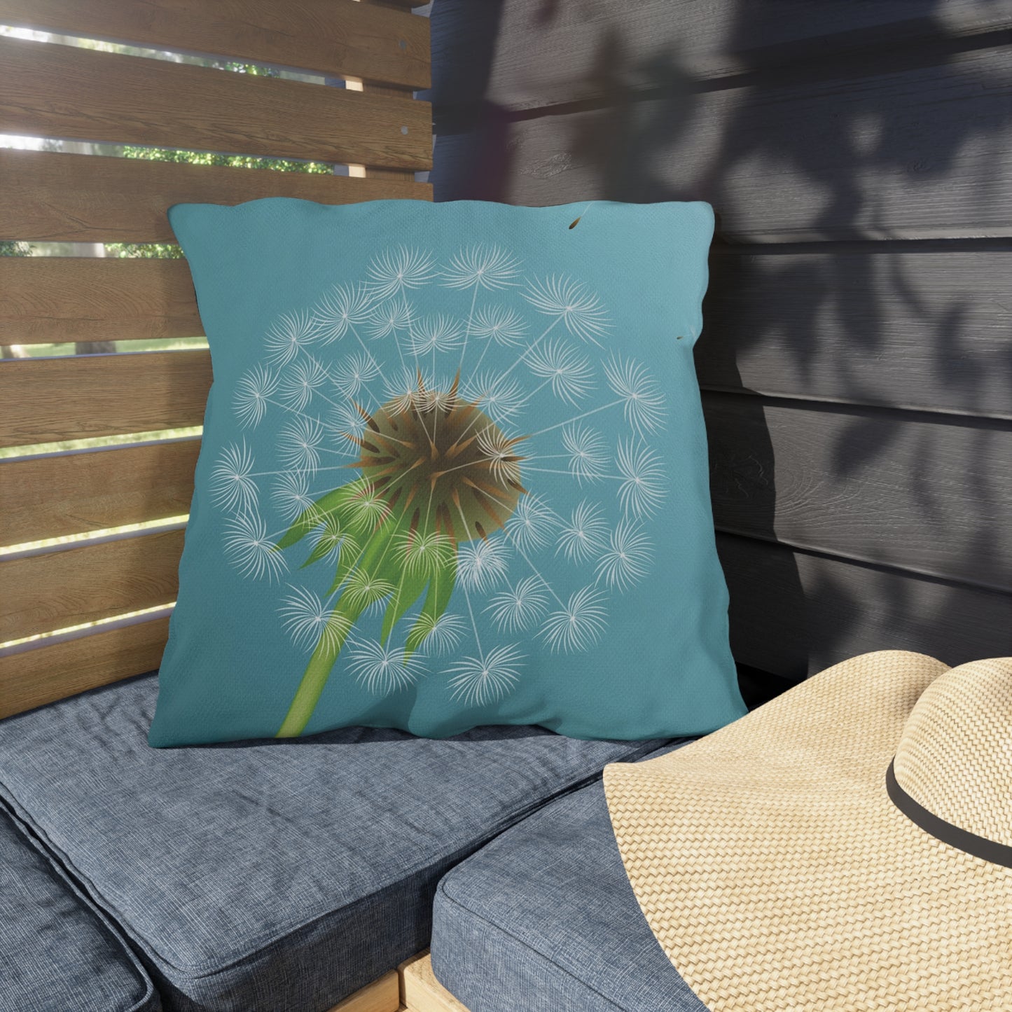 Dandelion Puff Outdoor Pillow | Blue Floral Garden Throw Pillow