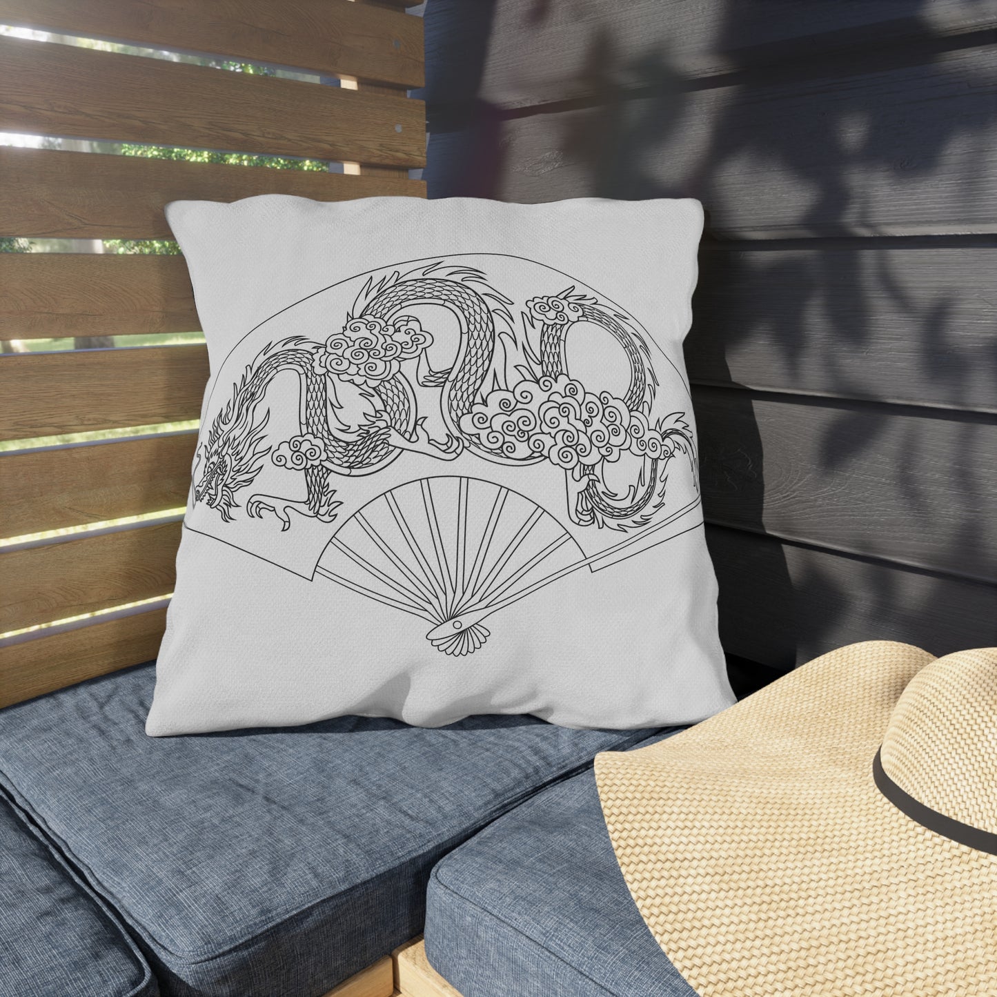 Oriental Dragon Fan Outdoor Pillow | Asian Dragon Illustration, Patio Decor