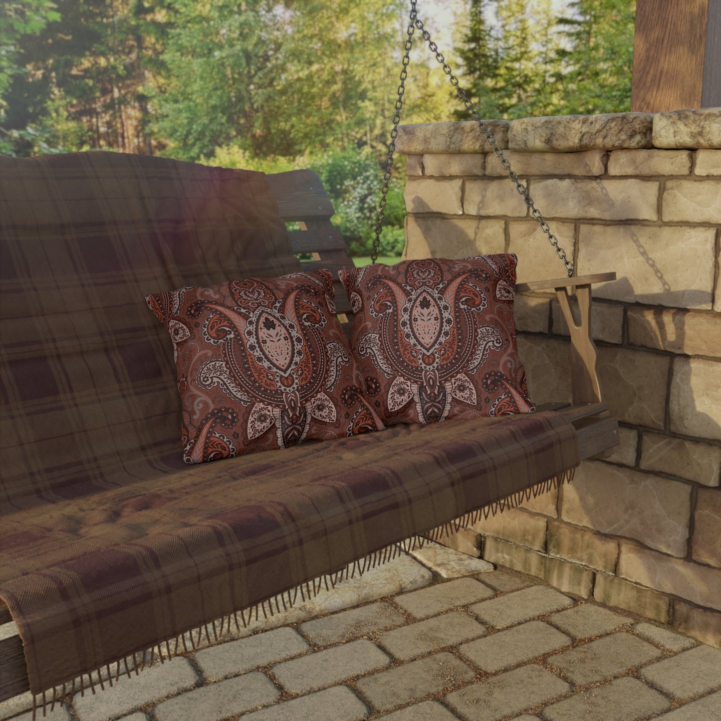 Rust Brown Paisley Pattern Outdoor Pillow | Boho Patio Cushion