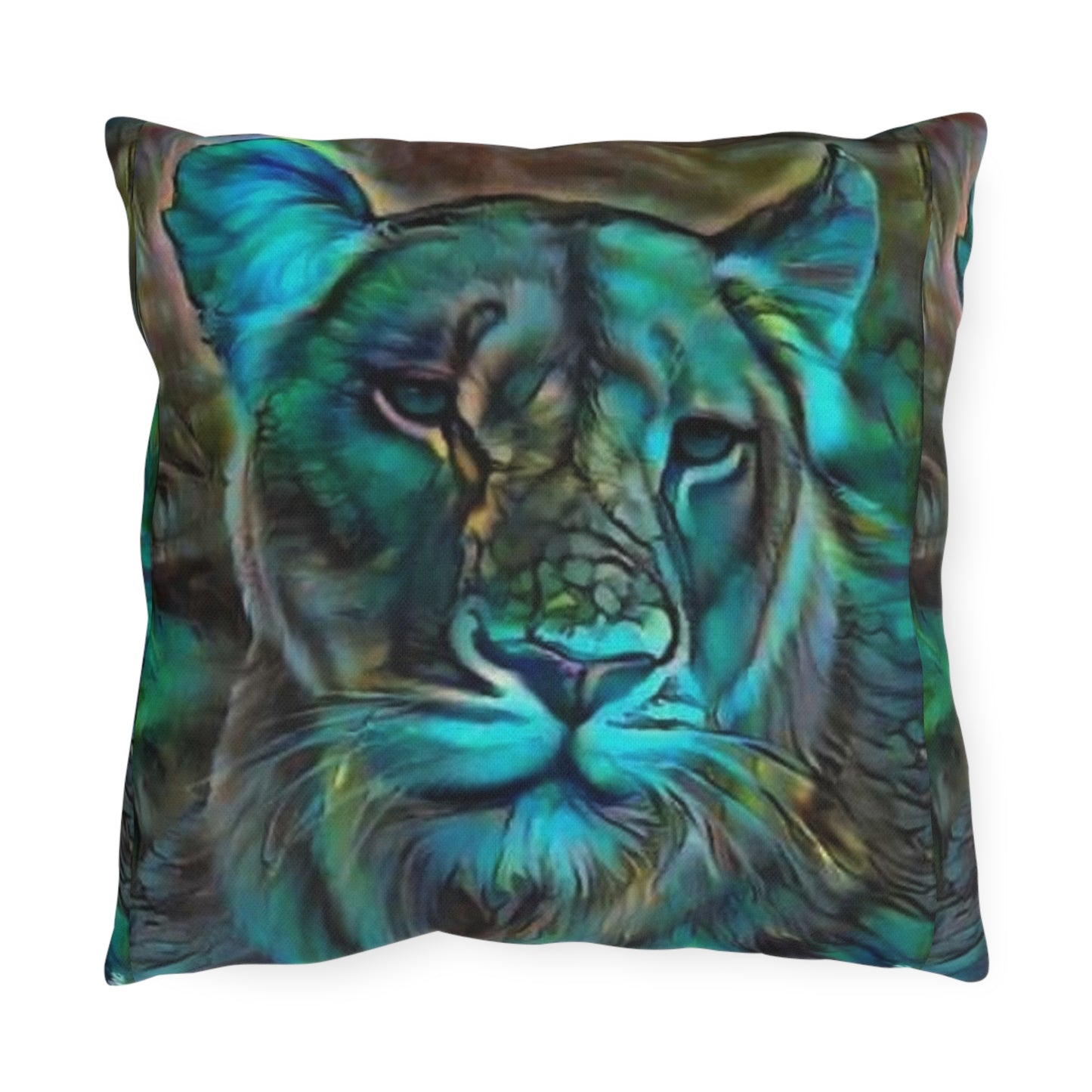 Teal Lion Face Outdoor Pillow | Wildlife Art, Boho Patio Cushion