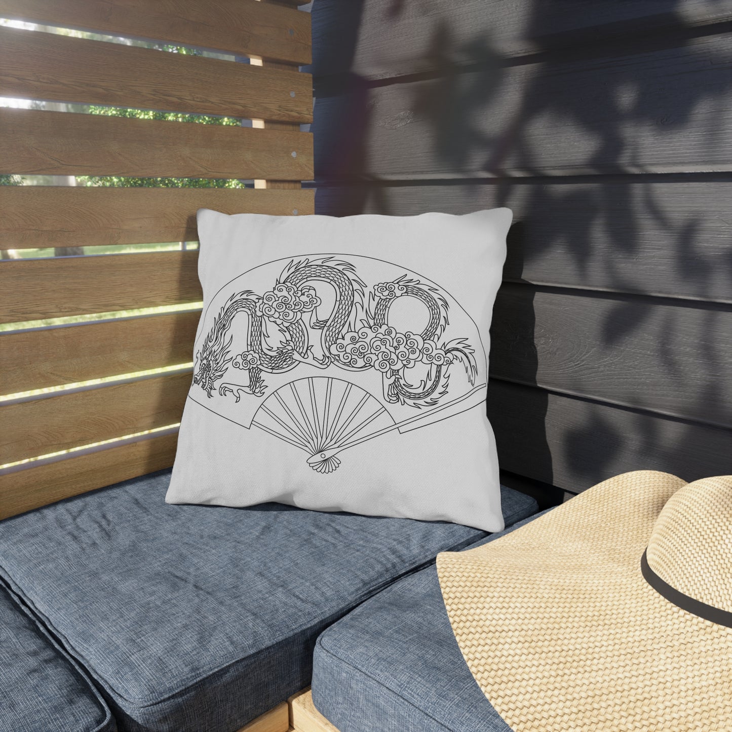 Oriental Dragon Fan Outdoor Pillow | Asian Dragon Illustration, Patio Decor