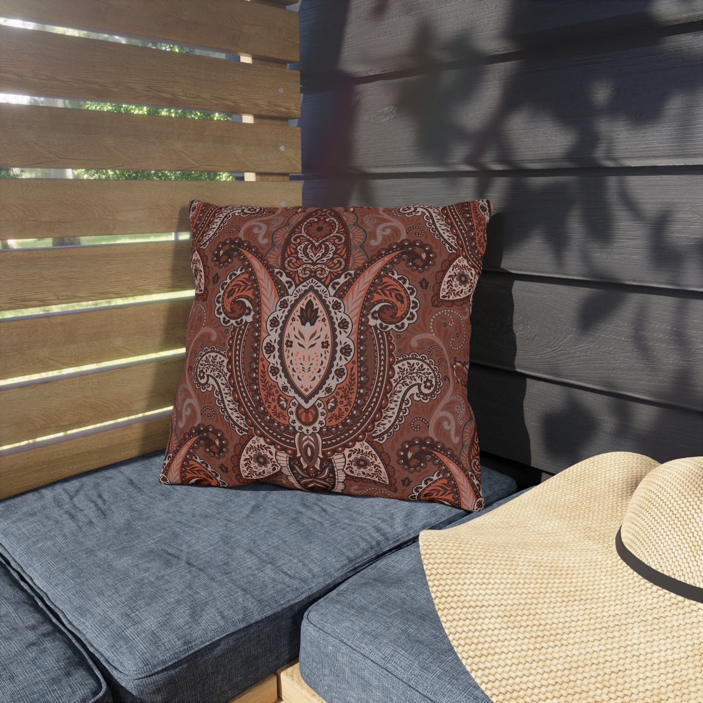 Rust Brown Paisley Pattern Outdoor Pillow | Boho Patio Cushion
