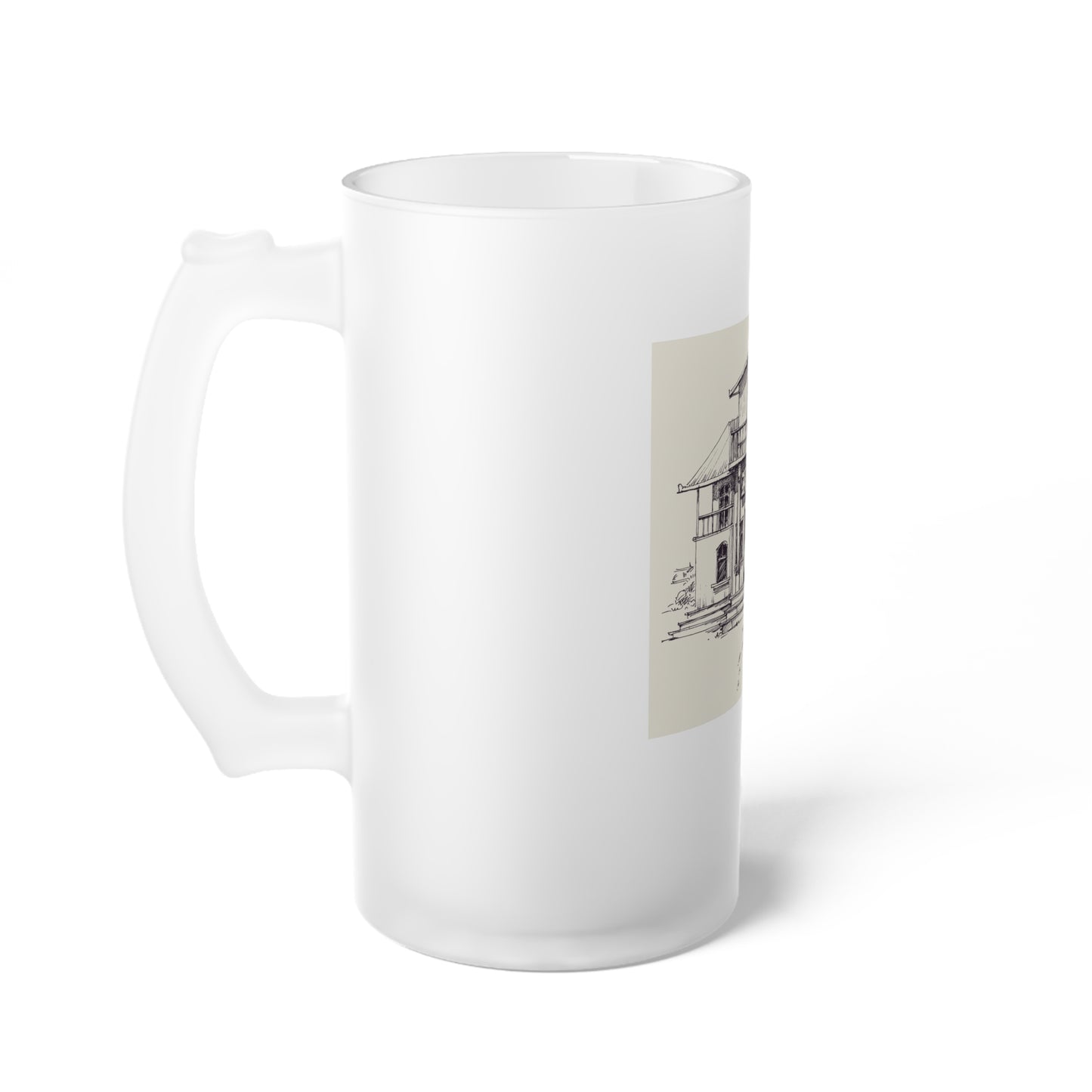 Frosted Glass Beer Mug with Vintage House Sketch — Rustic Home Bar Pint Glass