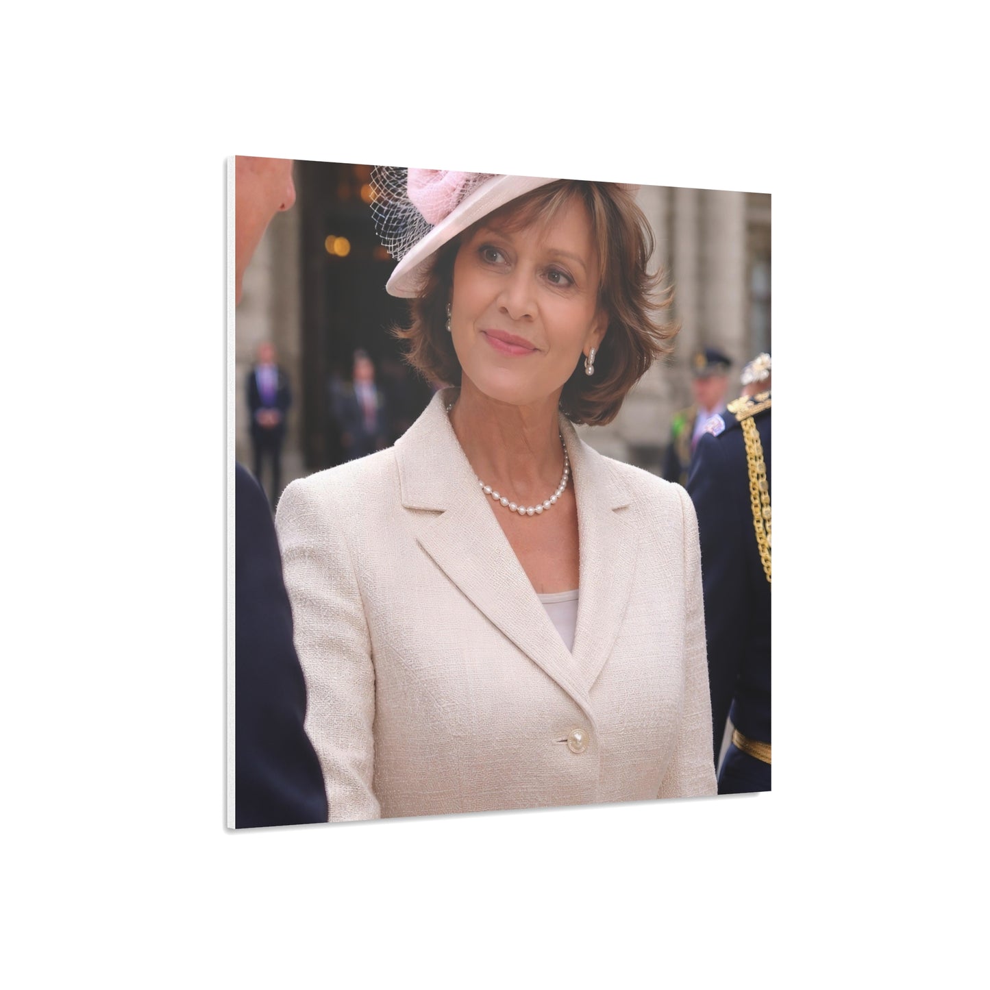 Elegant Woman Portrait Foam Board | Vintage Pearl Necklace, Classic Jacket
