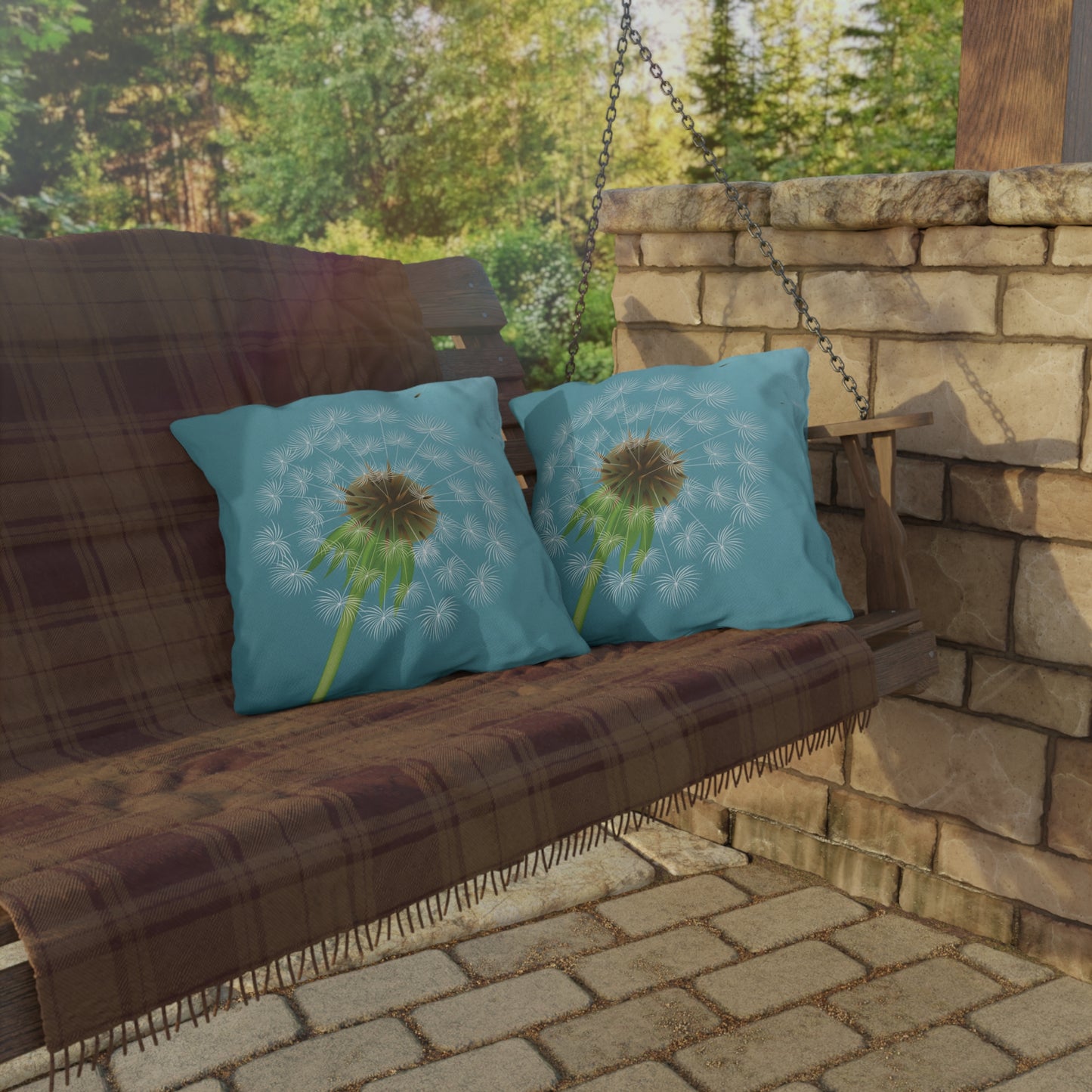 Dandelion Puff Outdoor Pillow | Blue Floral Garden Throw Pillow