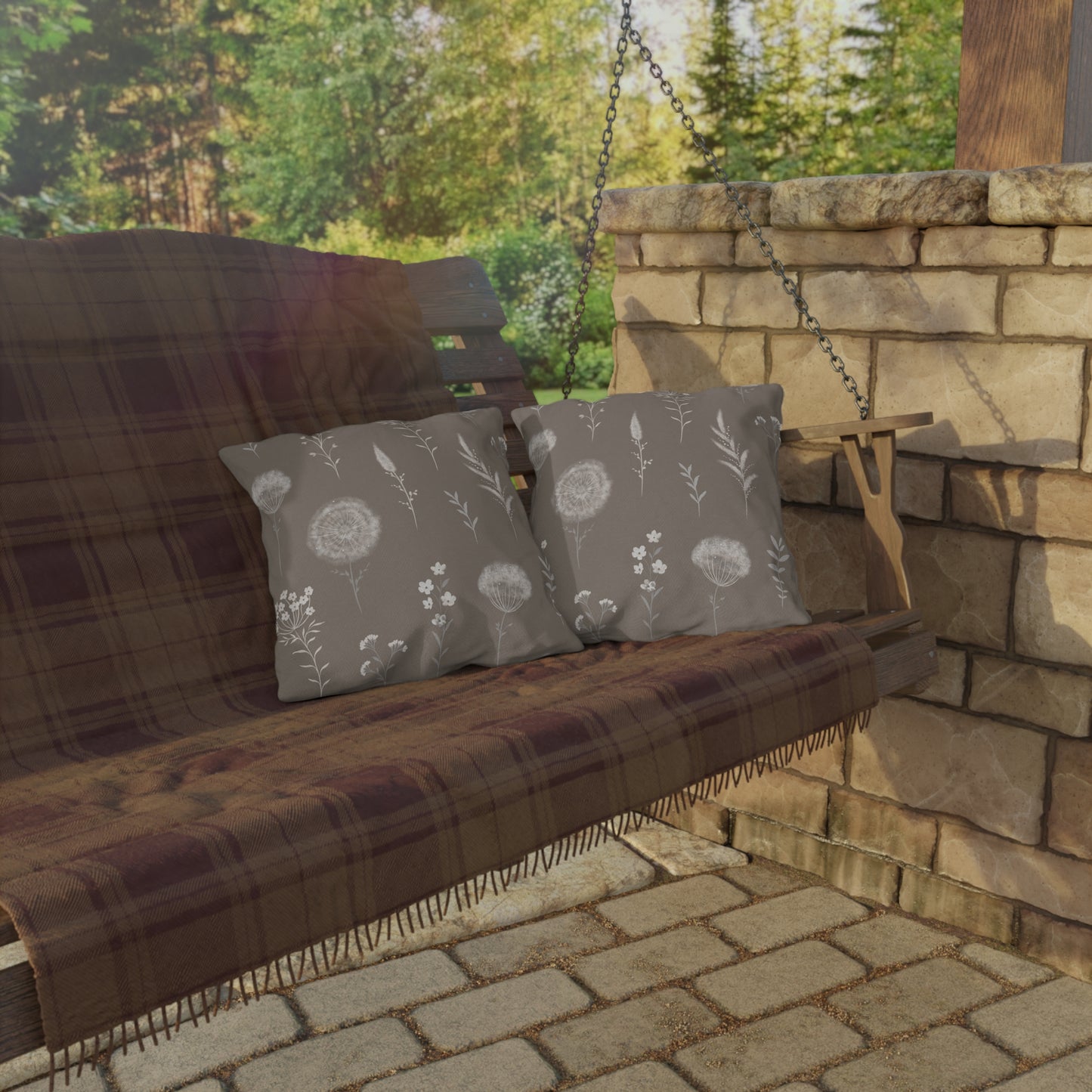 Neutral Dandelion Floral Outdoor Pillow | Botanical Throw Cushion